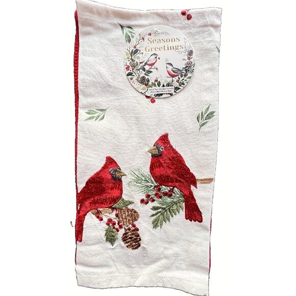 CHRISTMAS CARDINAL Dish Kitchen Towel Set 2 Embroidered Detailed HOSTESS GIFT - Picture 2 of 11